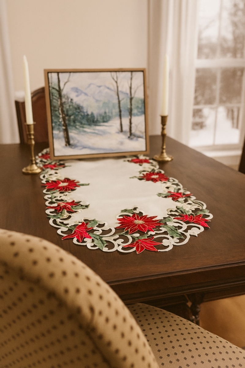Picture of Jiallo 7795/14x28 Christmas Poinsettia Embroidered Cutwork Rectangular Table Runner, 13 by 27 inch