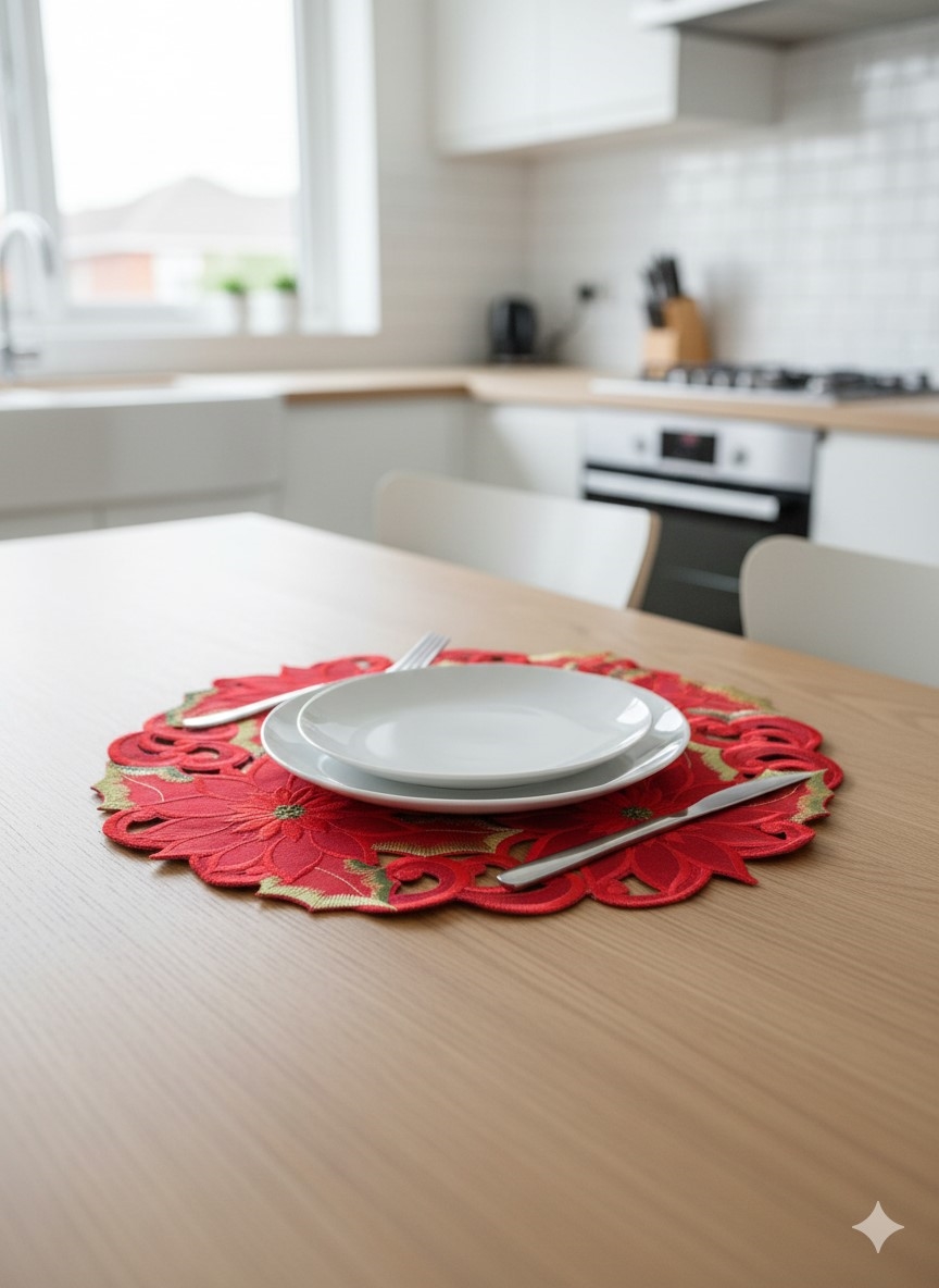 Picture of Jiallo 9251/16RD Poinsettia and Green Leaf Embroidered Cutwork Round Placemat, 15-Inch diameter