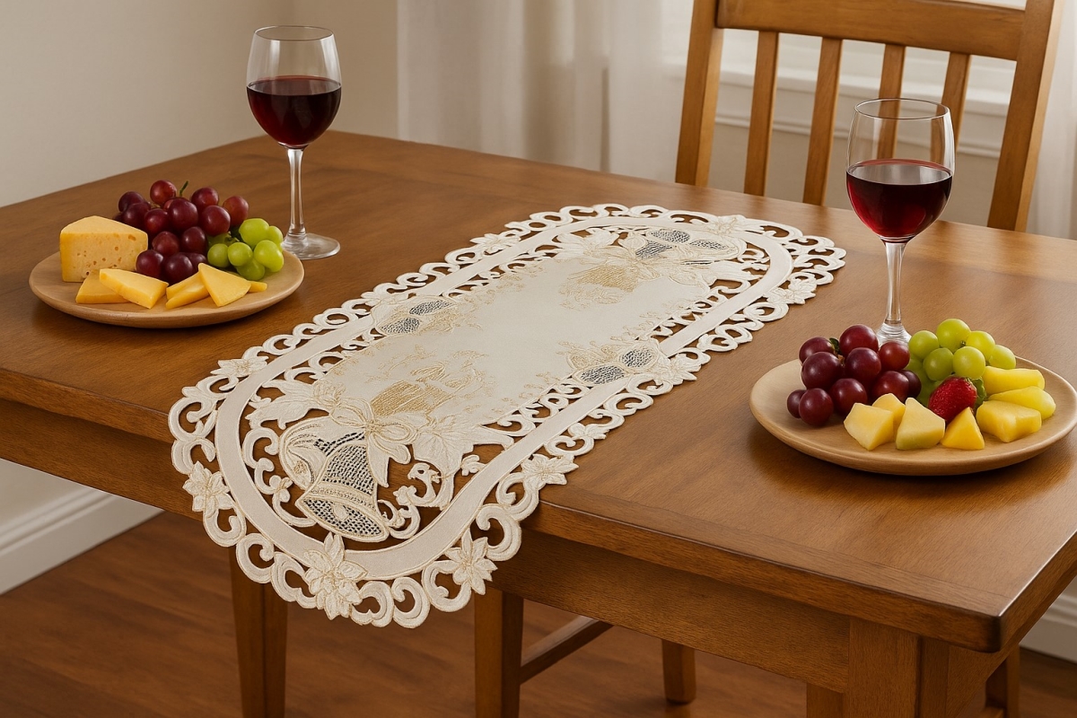 Picture of Jiallo 8675/E/14x28 Christmas Candle Beige Lace Embroidered Cutwork Rectangular Table Runner, 13 by 27 inch