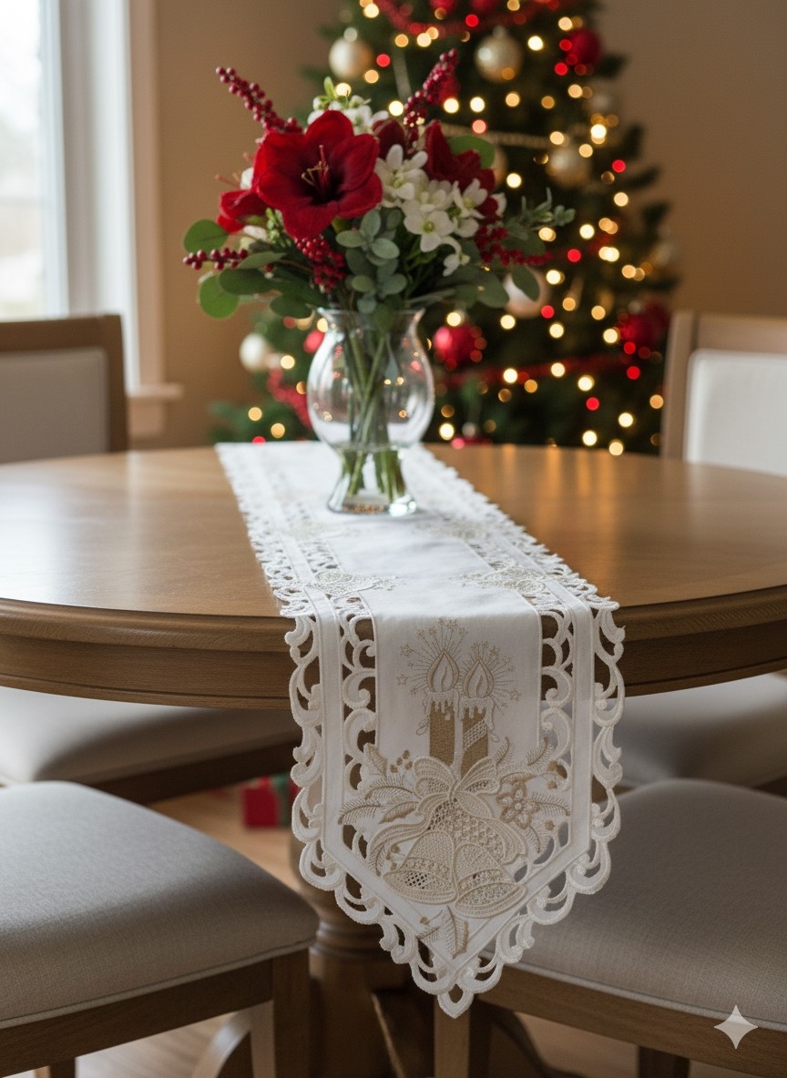 Picture of Jiallo 8675/E/12x65 Christmas Candle Beige Lace Embroidered Cutwork Rectangular Table Runner, 11 by 64 inch