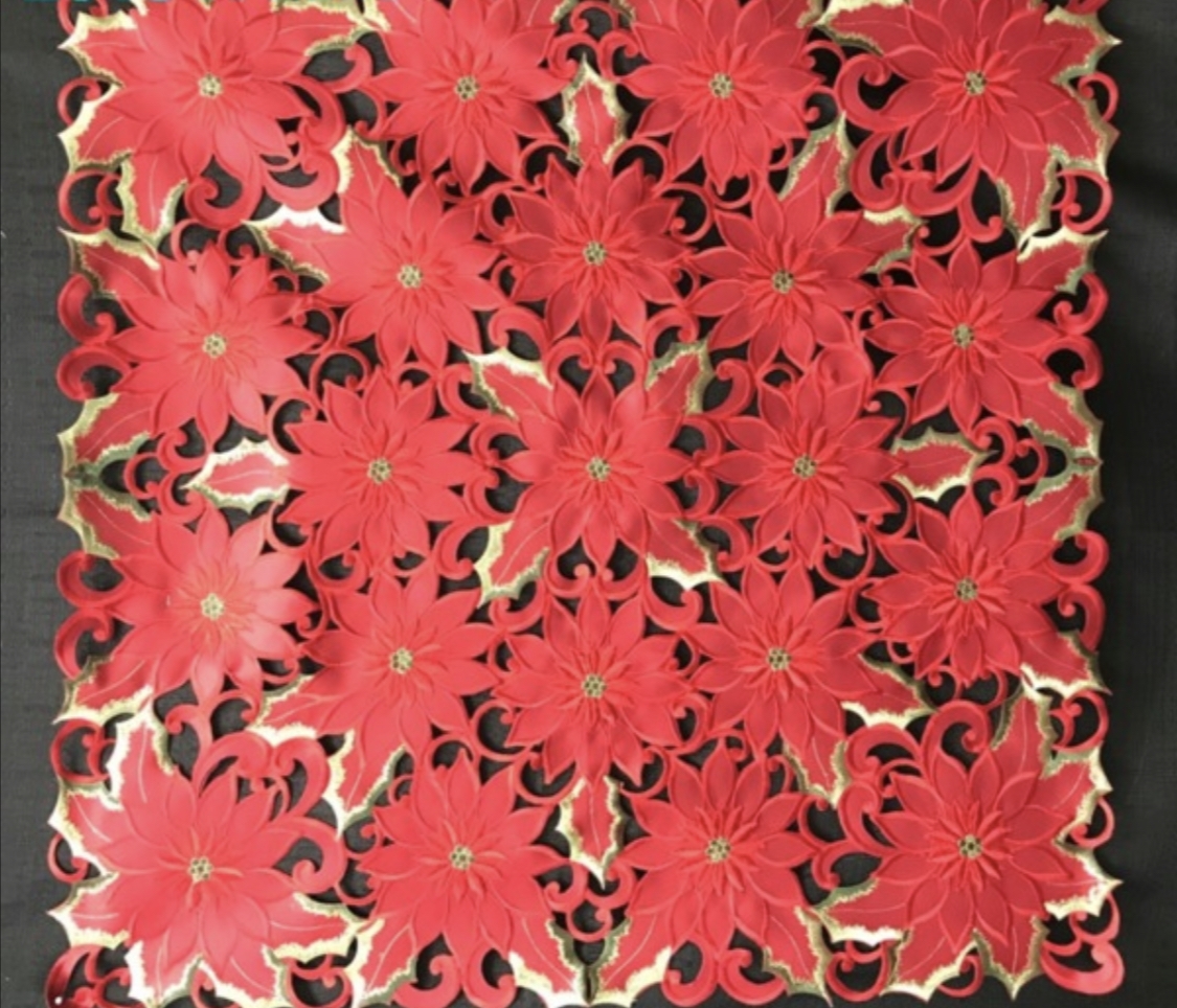 Picture of Jiallo 9251/36SQ Poinsettia and Green Leaf Embroidered Cutwork Square tablecloth, 36 inch Square