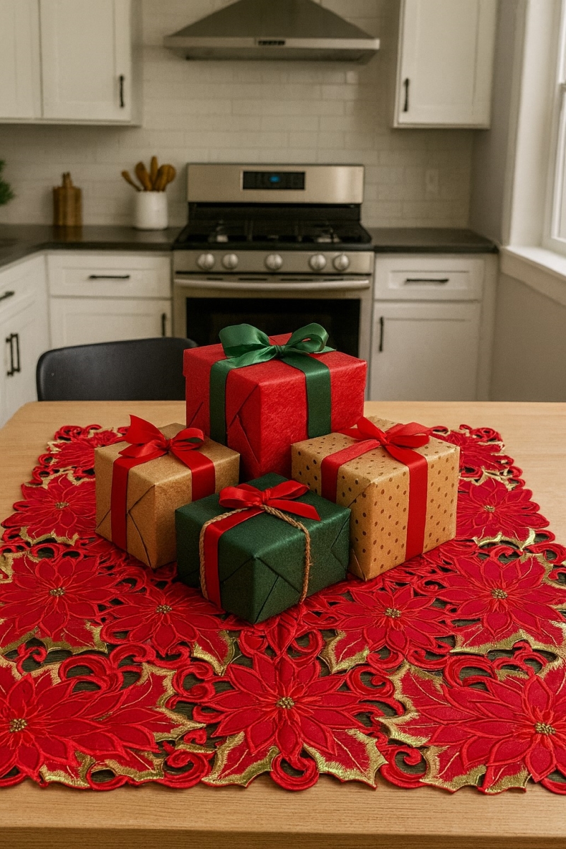 Picture of Jiallo 9251/36SQ Poinsettia and Green Leaf Embroidered Cutwork Square tablecloth, 36 inch Square