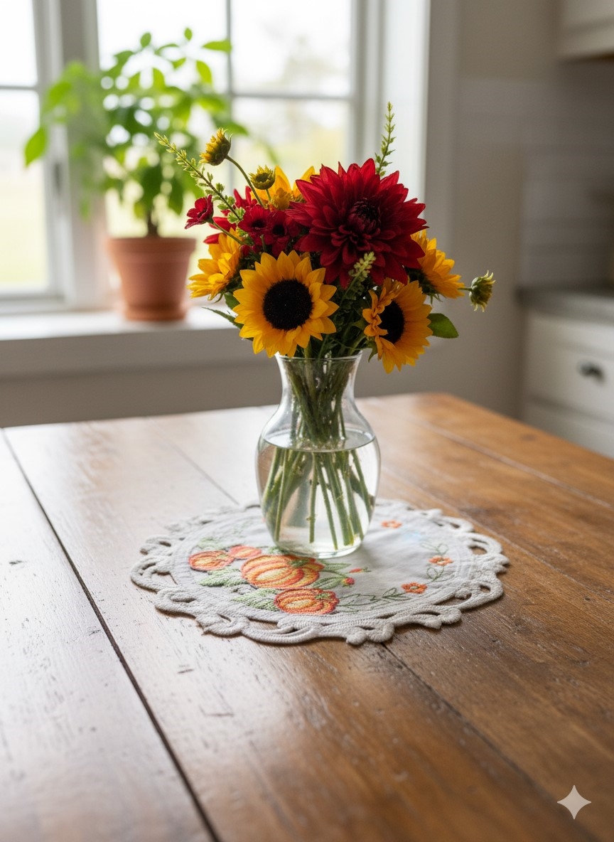 Picture of Jiallo 7795/12RD Christmas Poinsettia Embroidered Cutwork Round Placemat, 12-Inch diameter