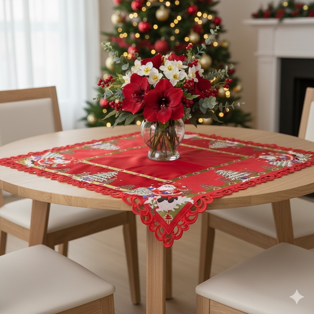 Picture of Jiallo 8680/RED/44SQ Santa Red Embroidered Cutwork Square Tablecloth, 44  inch square