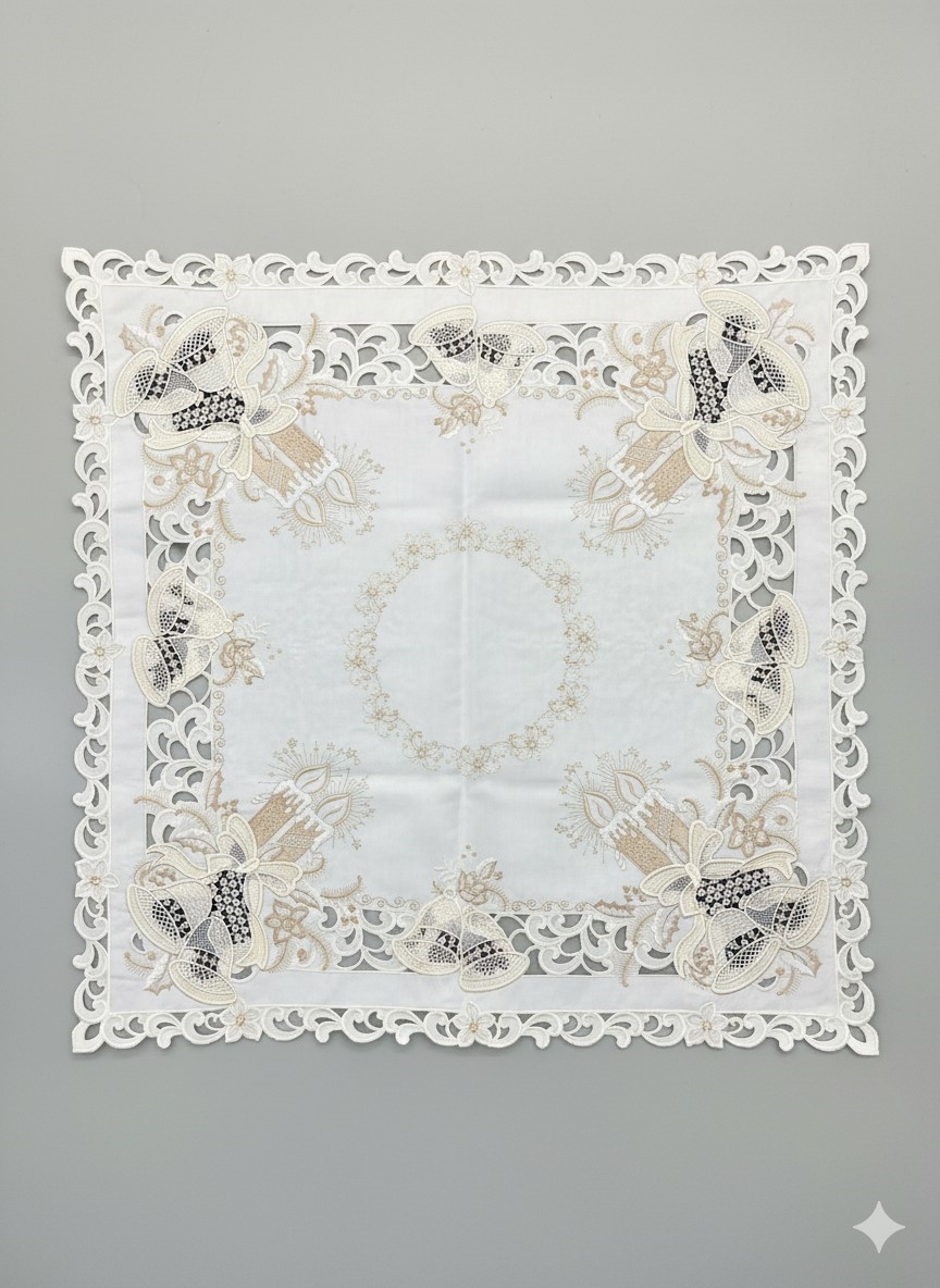 Picture of Jiallo 8675/E/36SQ Christmas Candle Beige Lace Embroidered Cutwork Square tablecloth, 36 inch Square