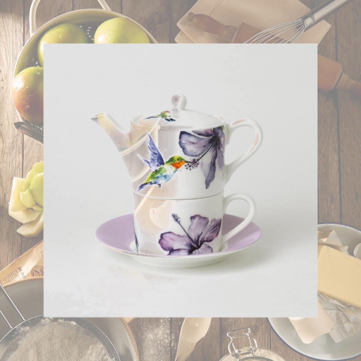 Picture of Roy Kirkham ER30121 TEA FOR ONE Teapot with Tea Cup and Saucer - HUMMINGBIRD