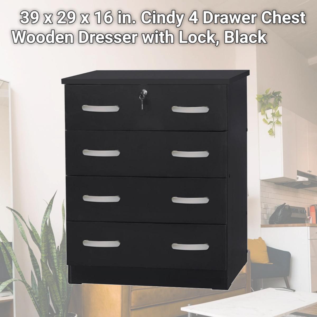 Picture of Better Home 673400596345 39 x 29 x 16 in. Cindy 4 Drawer Chest Wooden Dresser with Lock, Black