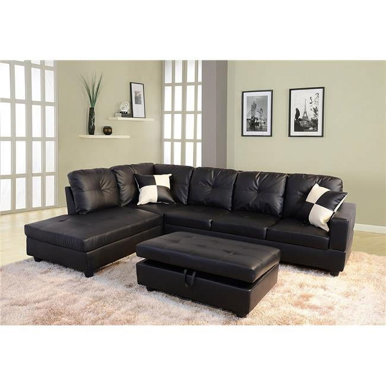 F91a-3pc Cavenzi Black Faux Leather Left-facing Sectional Sofa Set