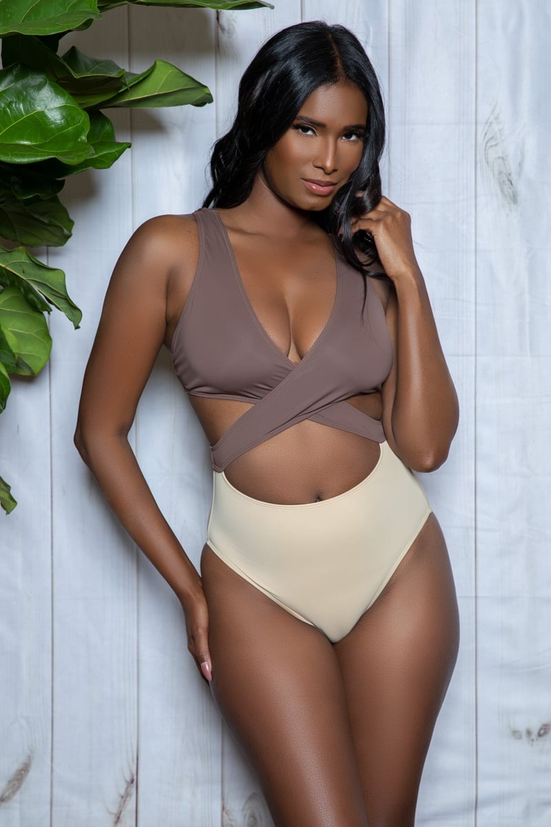 2384-BRN-TN-S Mia Swimsuit for Women, Brown & Tan - Small