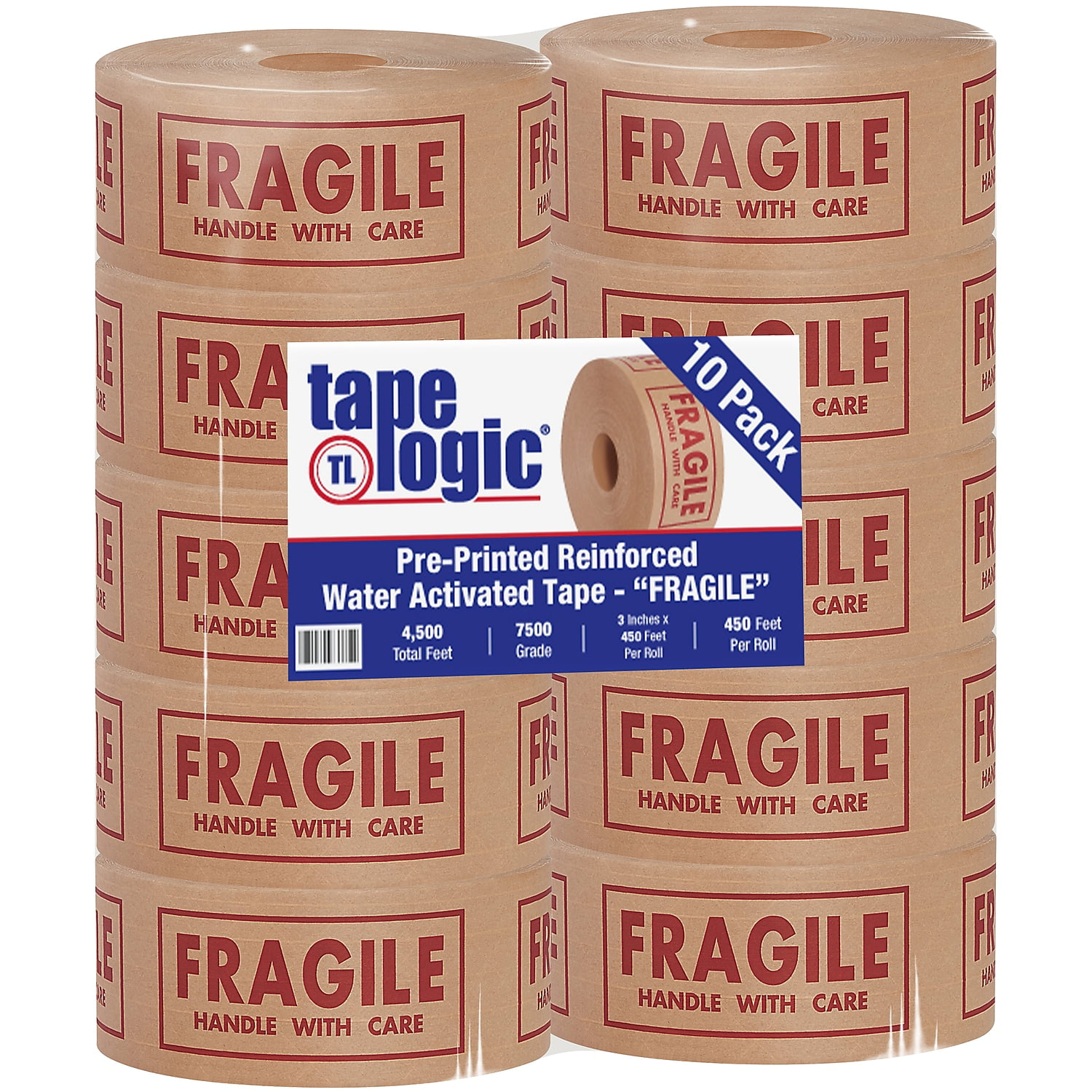 Tape Logic T9077500f 3 In. X 450 Ft. Fragile No.7500 Pre-printed Reinforced Water Activated Tape, Kraft - Case Of 10