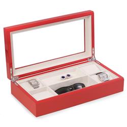 International Lacquered Red Wood Valet Jewelry Box With Glass Top & Soft Velour Lining
