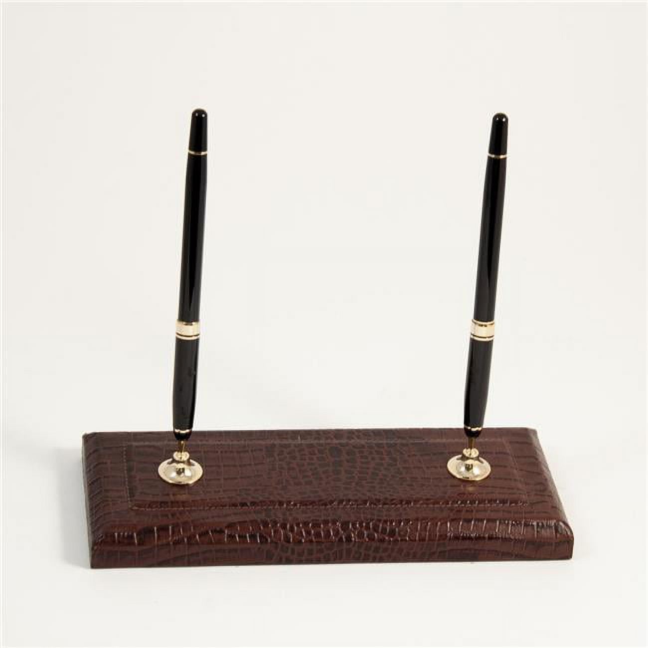 Bey-berk International D1418 Brown Croco Leather Double Pen Stand With Gold Plated Accents