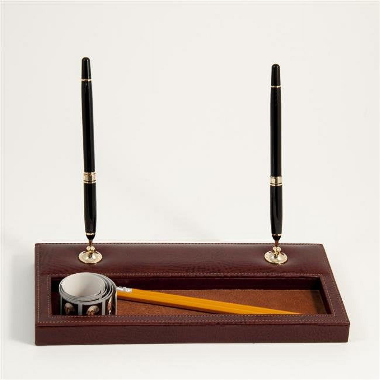 Bey-berk International D1118 Tan Leather Double Pen Stand With Gold Plated Accents