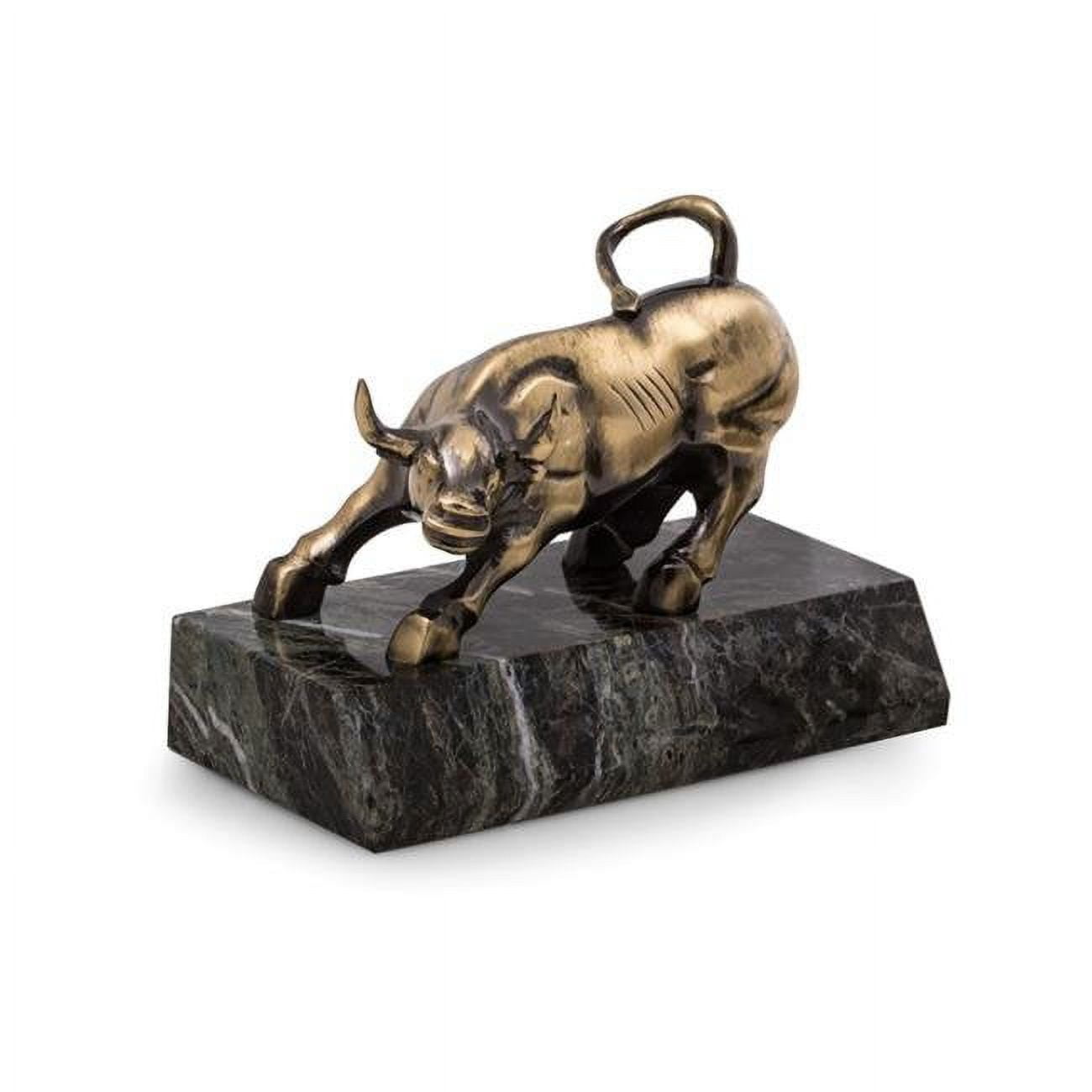 Bey-berk International D025b Antique Brass Finished Bull Sculpture On Green Marble Base, Black Zebra Marble & Gold