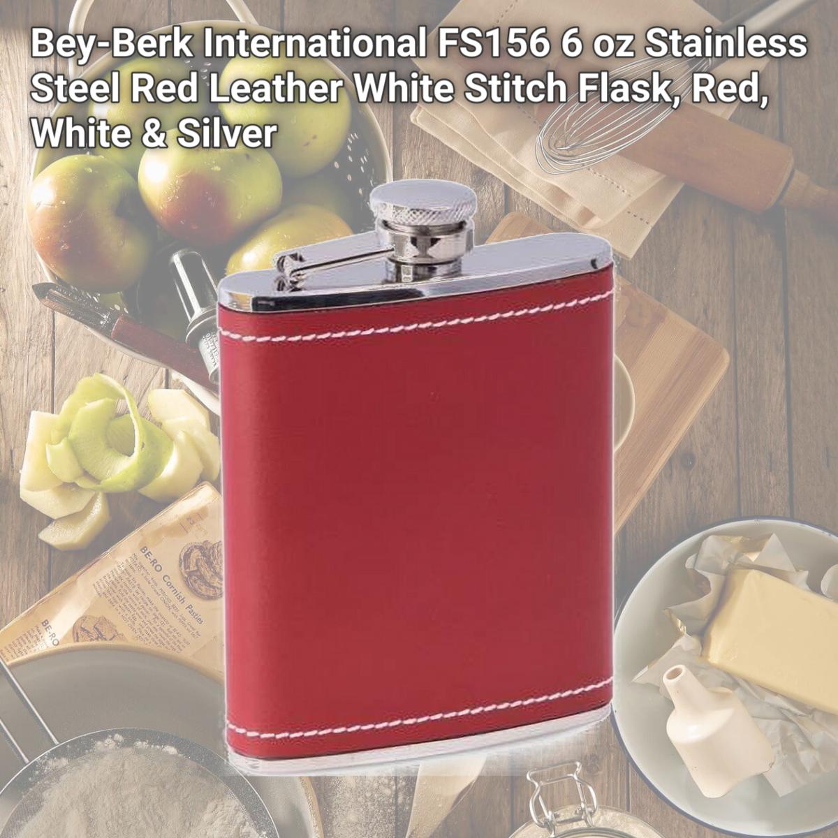 Picture of Bey-Berk International FS156 6 oz Stainless Steel Red Leather White Stitch Flask, Red, White & Silver 