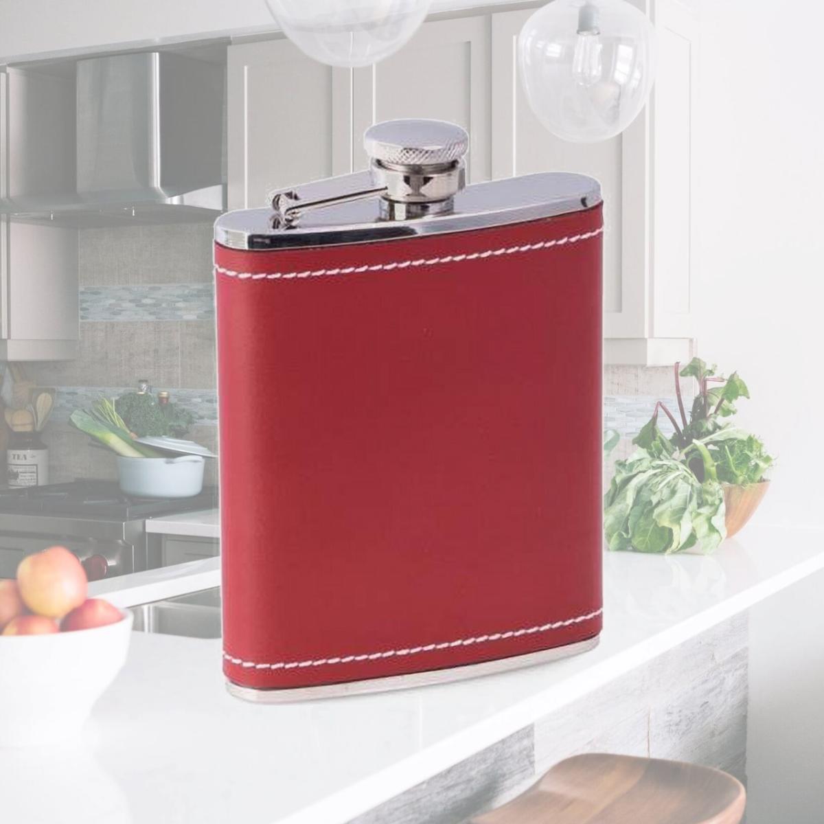 Picture of Bey-Berk International FS156 6 oz Stainless Steel Red Leather White Stitch Flask, Red, White & Silver 
