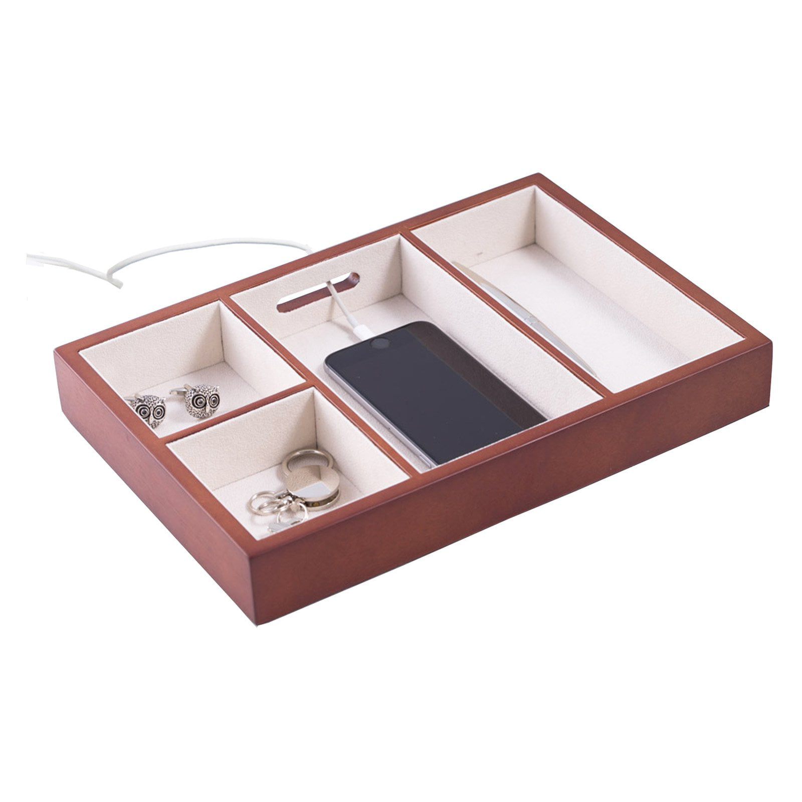 Bey-berk International Bb674brw Cherry Wood Open Valet With Soft Velour Lining & Opening For Charging Cords - Brown