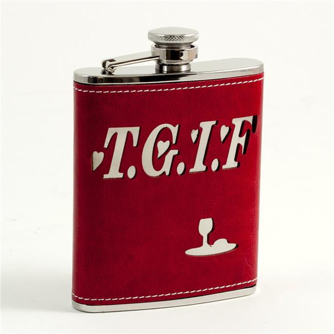 Bey-berk International 6 Oz Stainless Steel Red Leather T.g.i.f. Flask With Stitching, Captive Cap & Durable Rubber Seal - Red & Silver