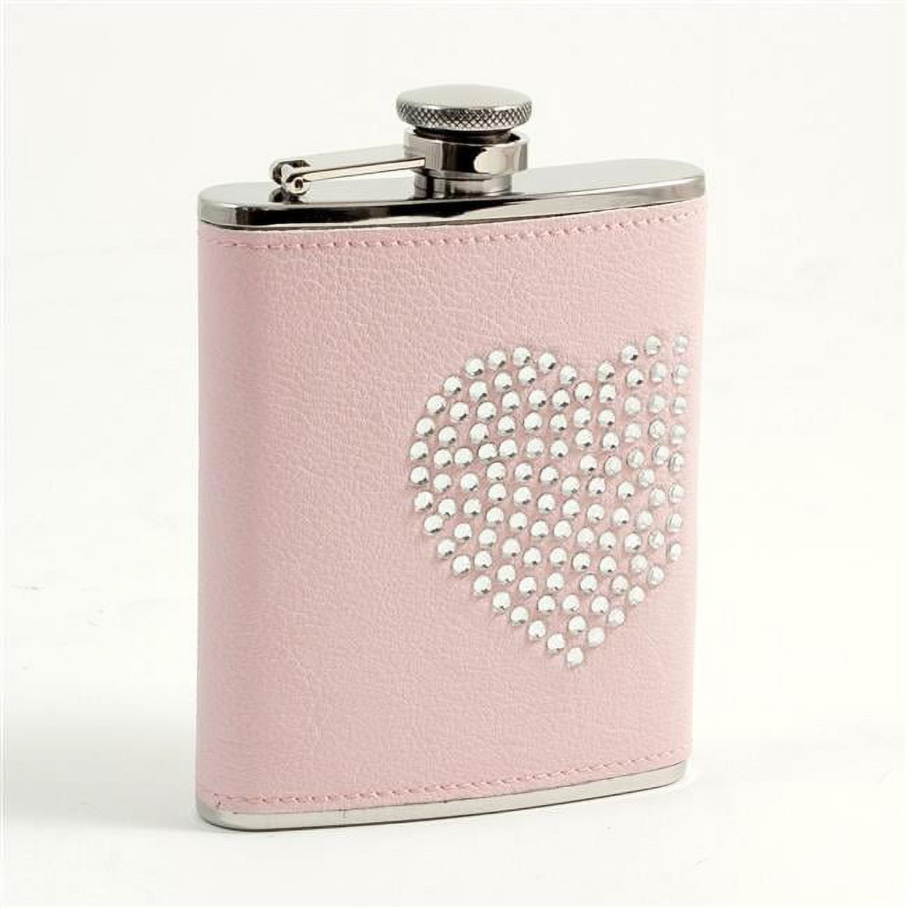 Bey-berk International 6 Oz Stainless Steel Leatherette Flask With Reign Stone Heart Design Captive Cap & Durable Rubber Seal - Pink & Silver