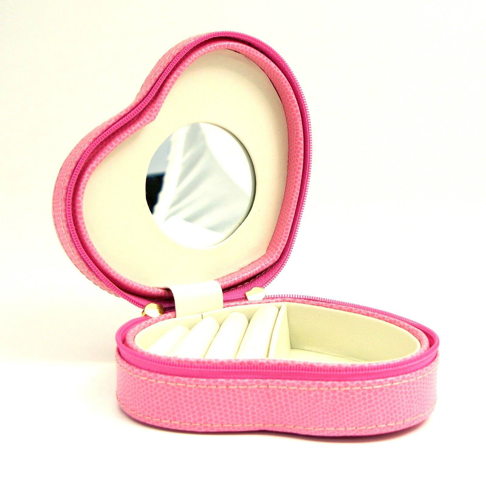Bey-berk International Bb545pnk Pink Lizard Leather Small Heart Shaped Jewelry Box With Mirror & Zippered Closure