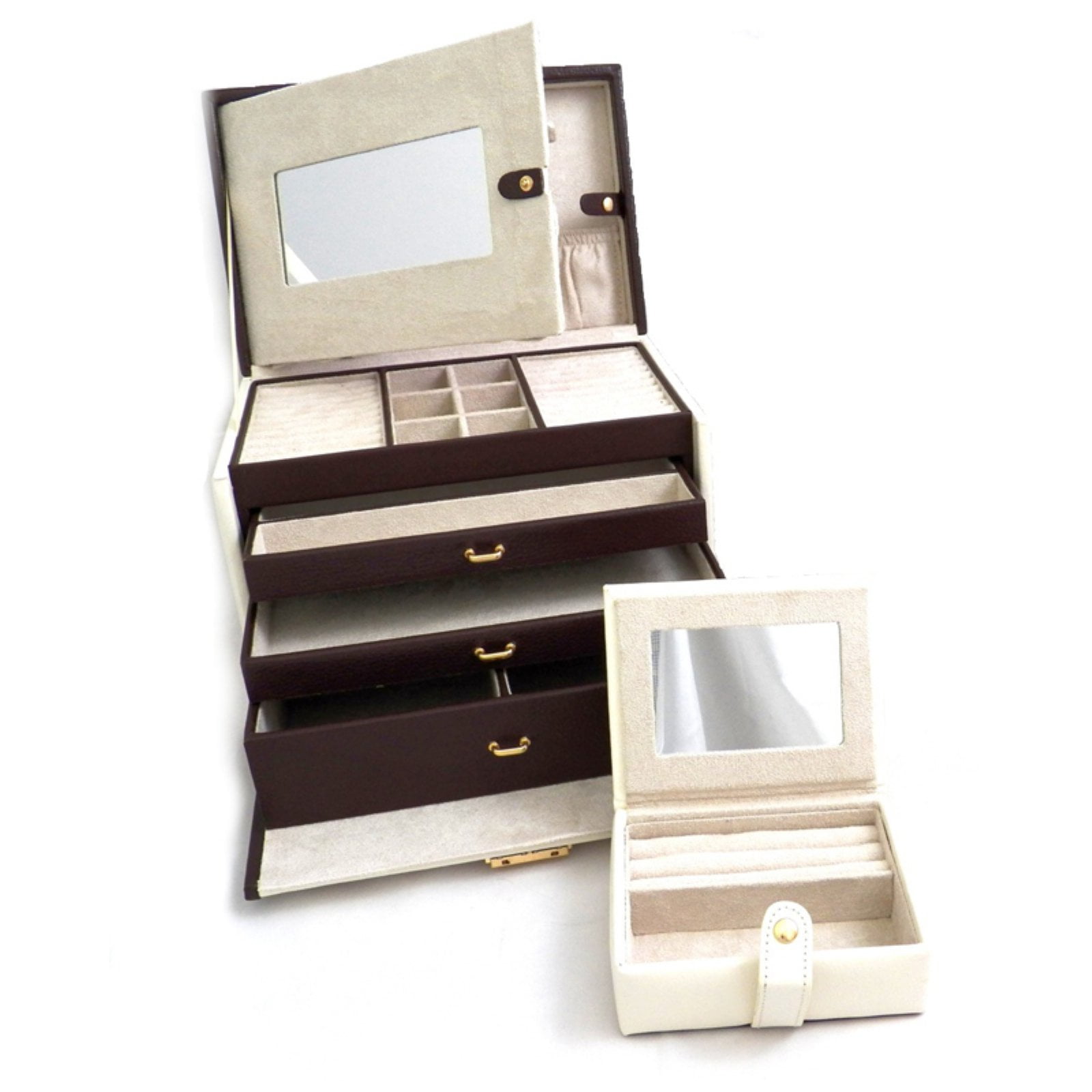 Bey-berk International Bb611ivr Ivory & Brown Leather 4 Level Jewelry Box