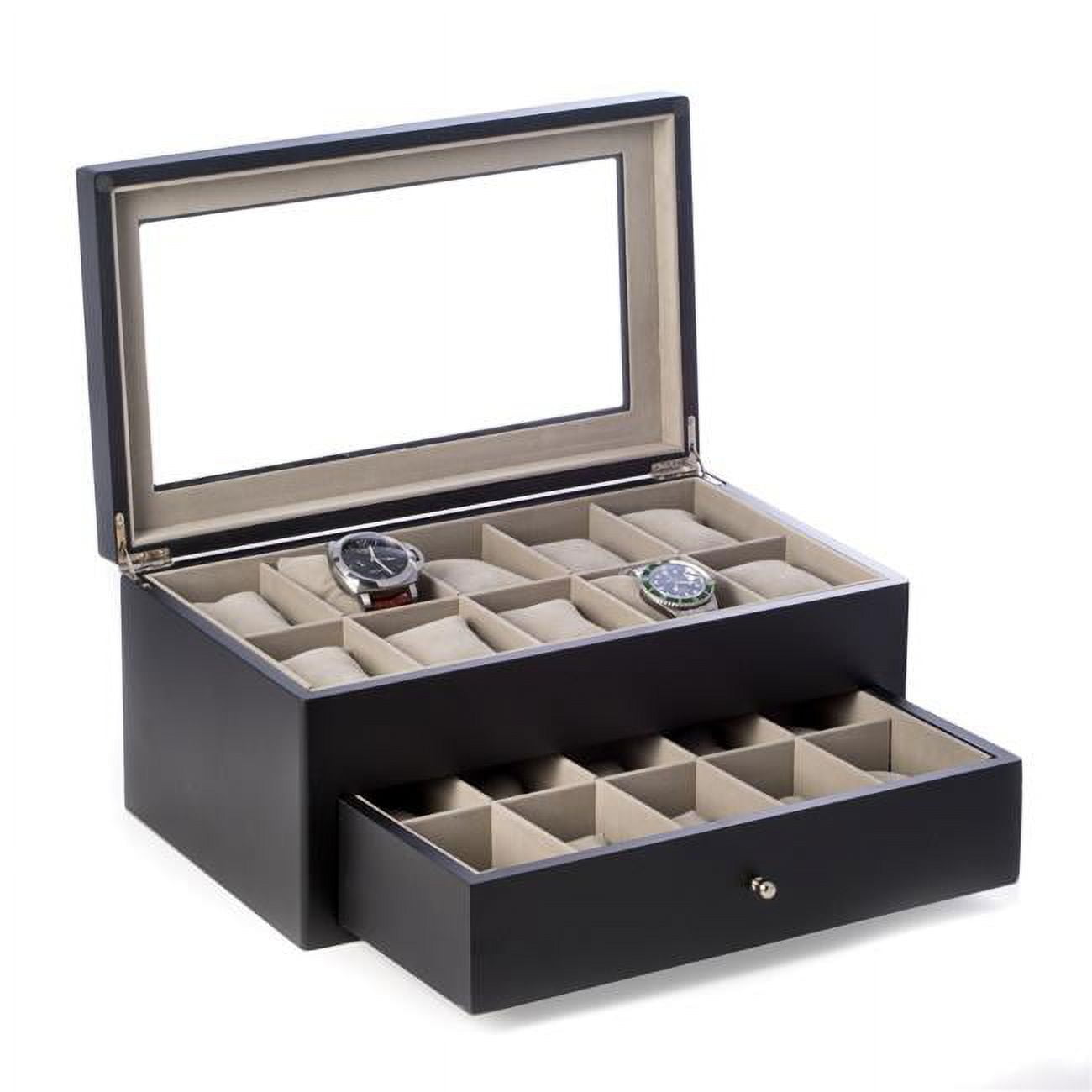 Bey-berk International Bb640blk Matte Black Wood 20 Watch Box With Glass Top & Drawer