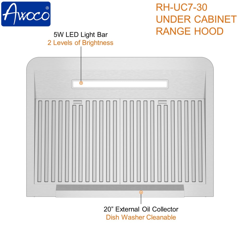Picture of Awoco RH-UC7-30-RT 30' Under Cabinet 7'H Stainless Steel Range Hood, Rectangular Top Vent