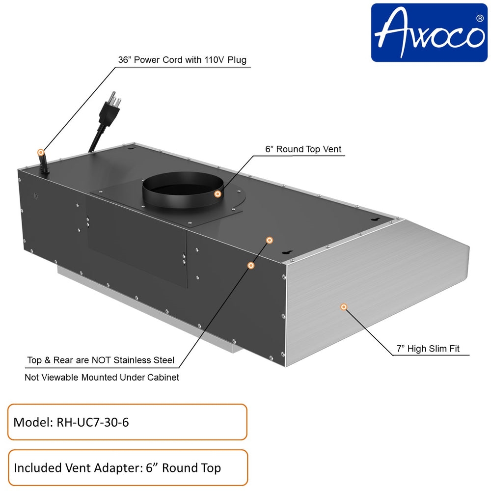 Picture of Awoco RH-UC7-30-RT 30' Under Cabinet 7'H Stainless Steel Range Hood, Rectangular Top Vent