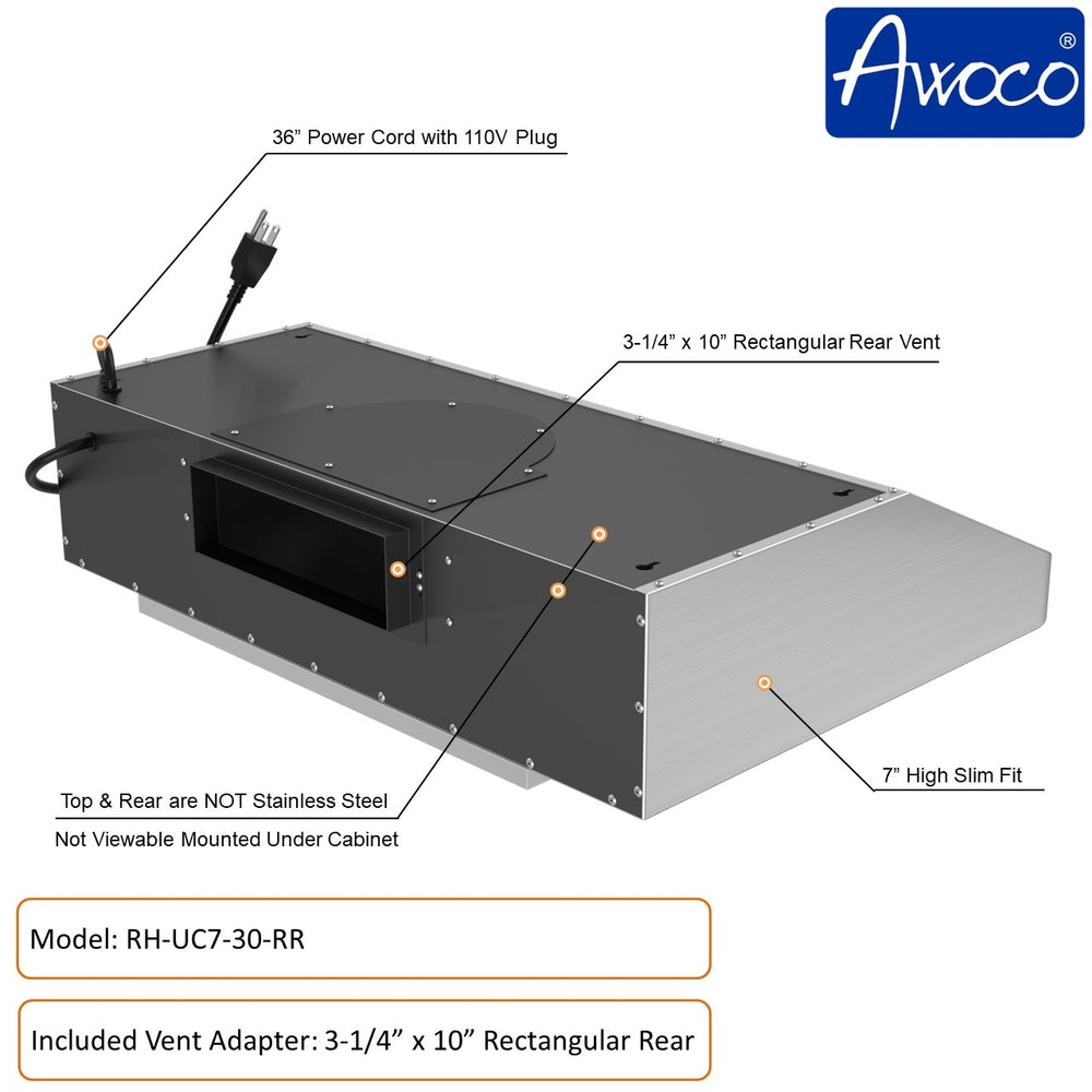 Picture of Awoco RH-UC7-30-RR 30' Under Cabinet 7'H Stainless Steel Range Hood, Rectangular Rear Vent