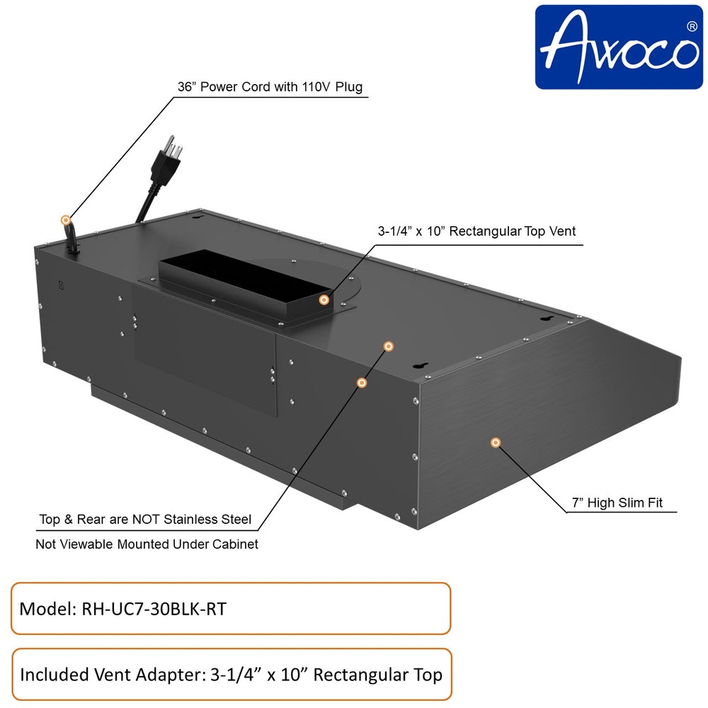 Picture of Awoco RH-UC7-30BLK-RT 30' Under Cabinet 7'H Black Stainless Steel Range Hood, Rectangular Top Vent