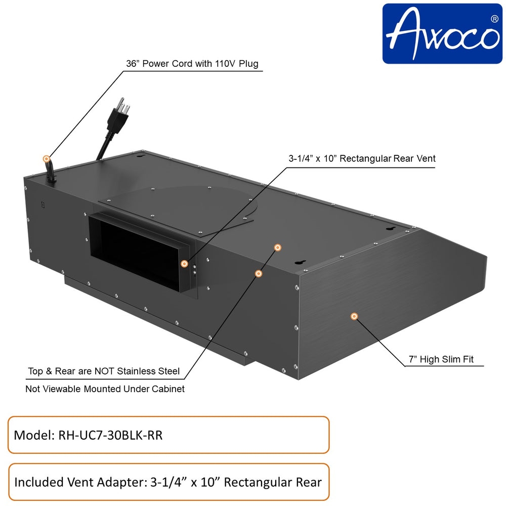 Picture of Awoco RH-UC7-30BLK-RR 30' Under Cabinet 7'H Black Stainless Steel Range Hood, Rectangular Rear Vent