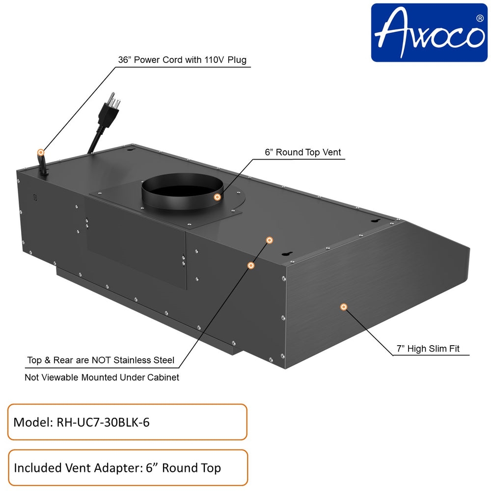 Picture of Awoco RH-UC7-30BLK-6 30' Under Cabinet 7'H Black Stainless Steel Range Hood, 6' Top Vent