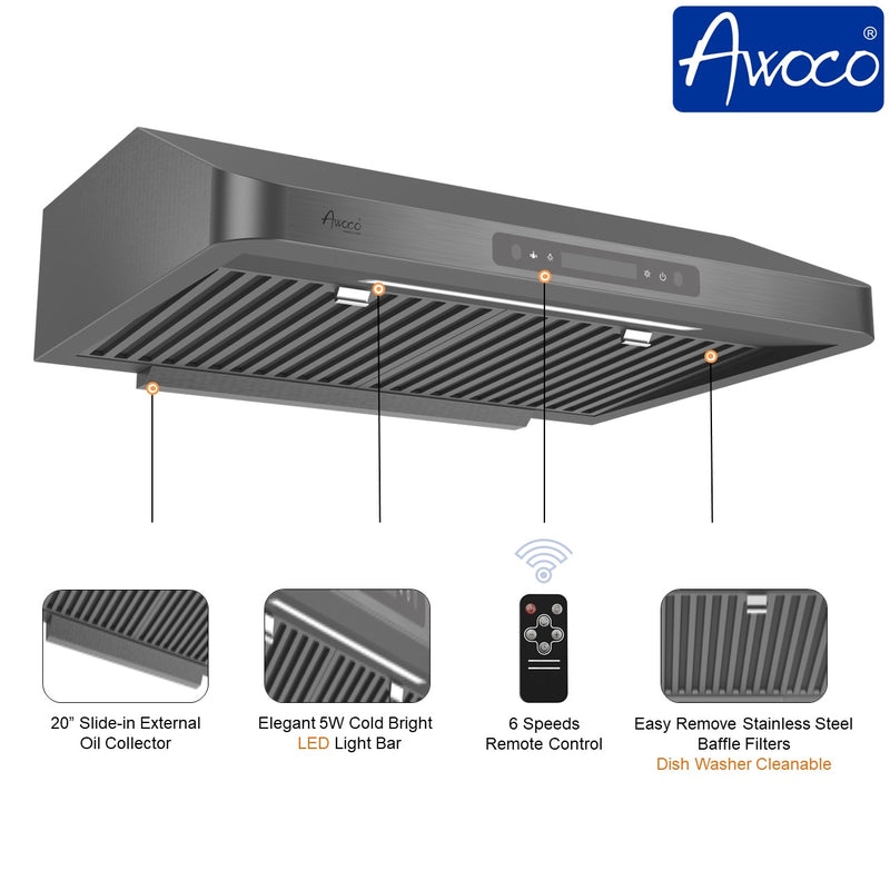 Picture of Awoco RH-UC7-30BLK-7 30' Under Cabinet 7'H Black Stainless Steel Range Hood, 7' Top Vent