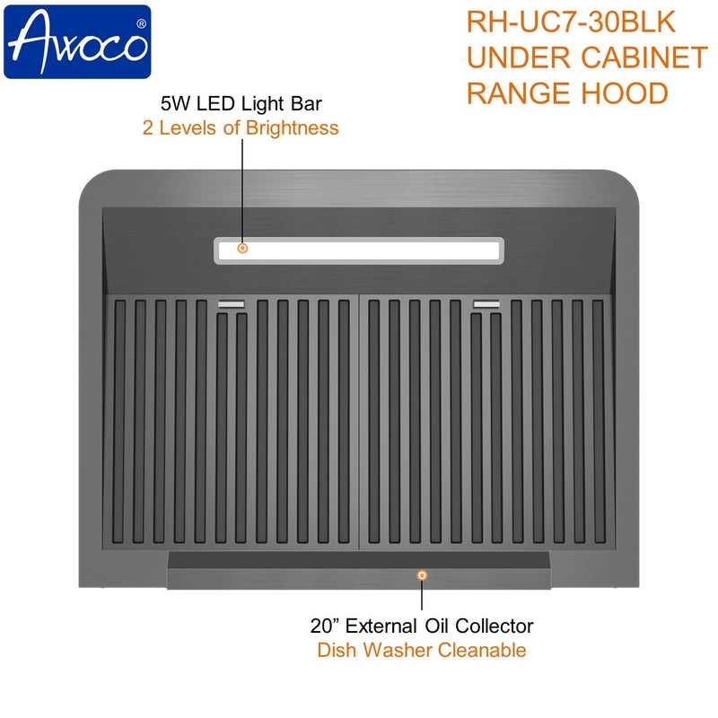 Picture of Awoco RH-UC7-30BLK-7 30' Under Cabinet 7'H Black Stainless Steel Range Hood, 7' Top Vent