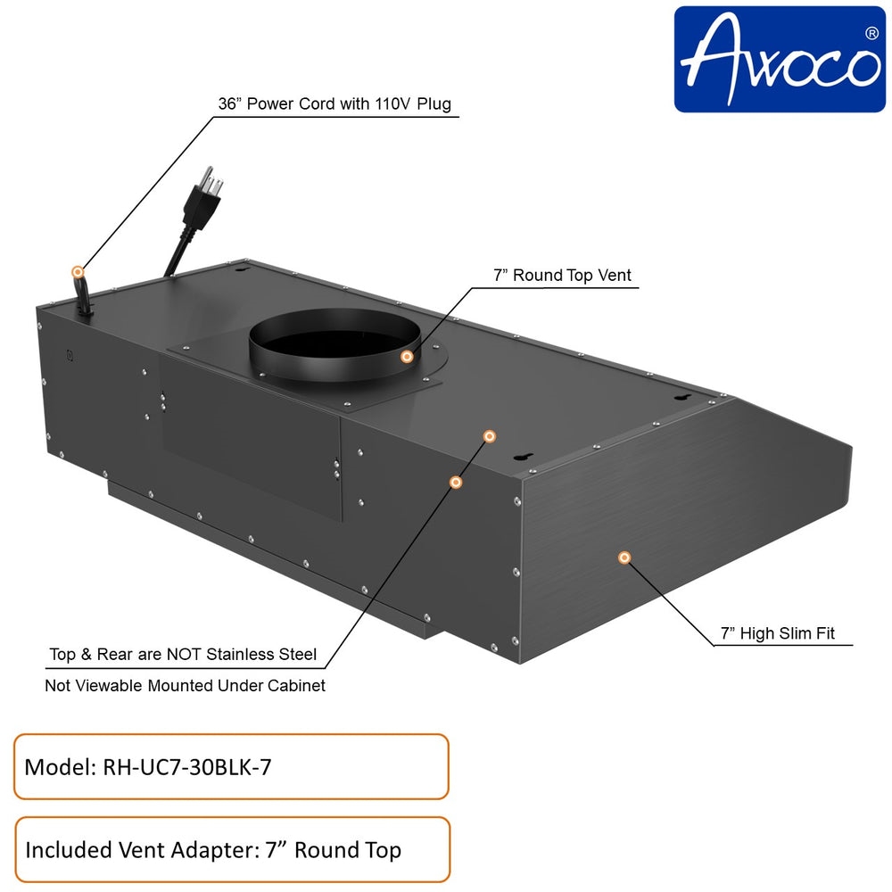 Picture of Awoco RH-UC7-30BLK-7 30' Under Cabinet 7'H Black Stainless Steel Range Hood, 7' Top Vent