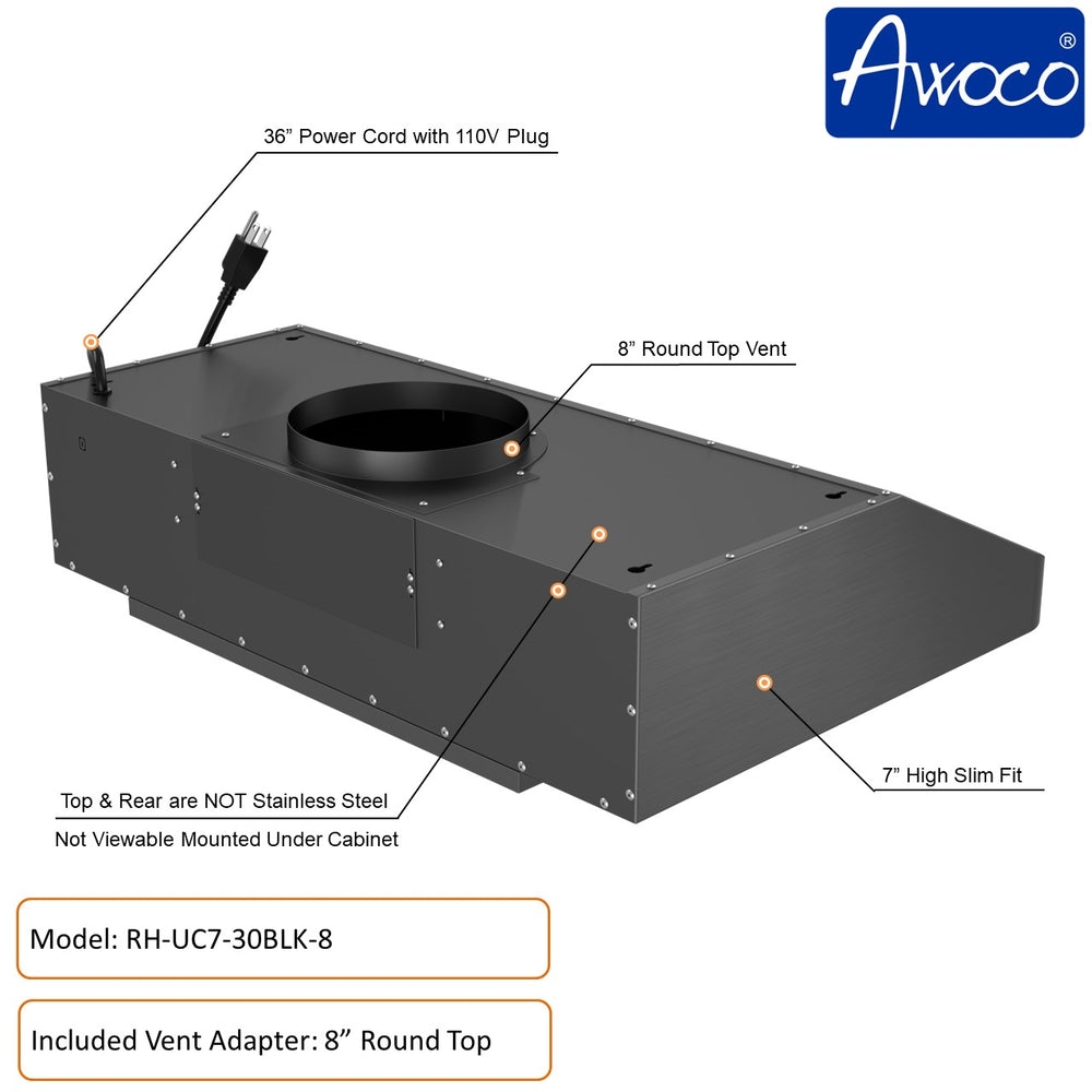 Picture of Awoco RH-UC7-30BLK-8 30' Under Cabinet 7'H Black Stainless Steel Range Hood, 8' Top Vent