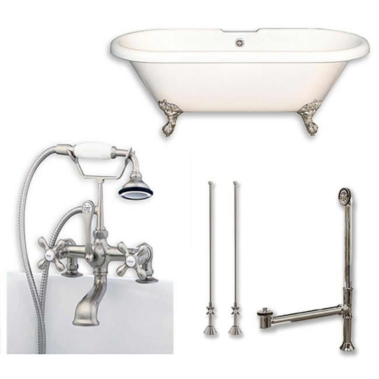 Ade60-463d-2-pkg-bn-7dh 60 X 30 In. Acrylic Double Ended Clawfoot Bathtub With 7 In. Deck Mount Faucet Drillings & Brushed Nickel Plumbing