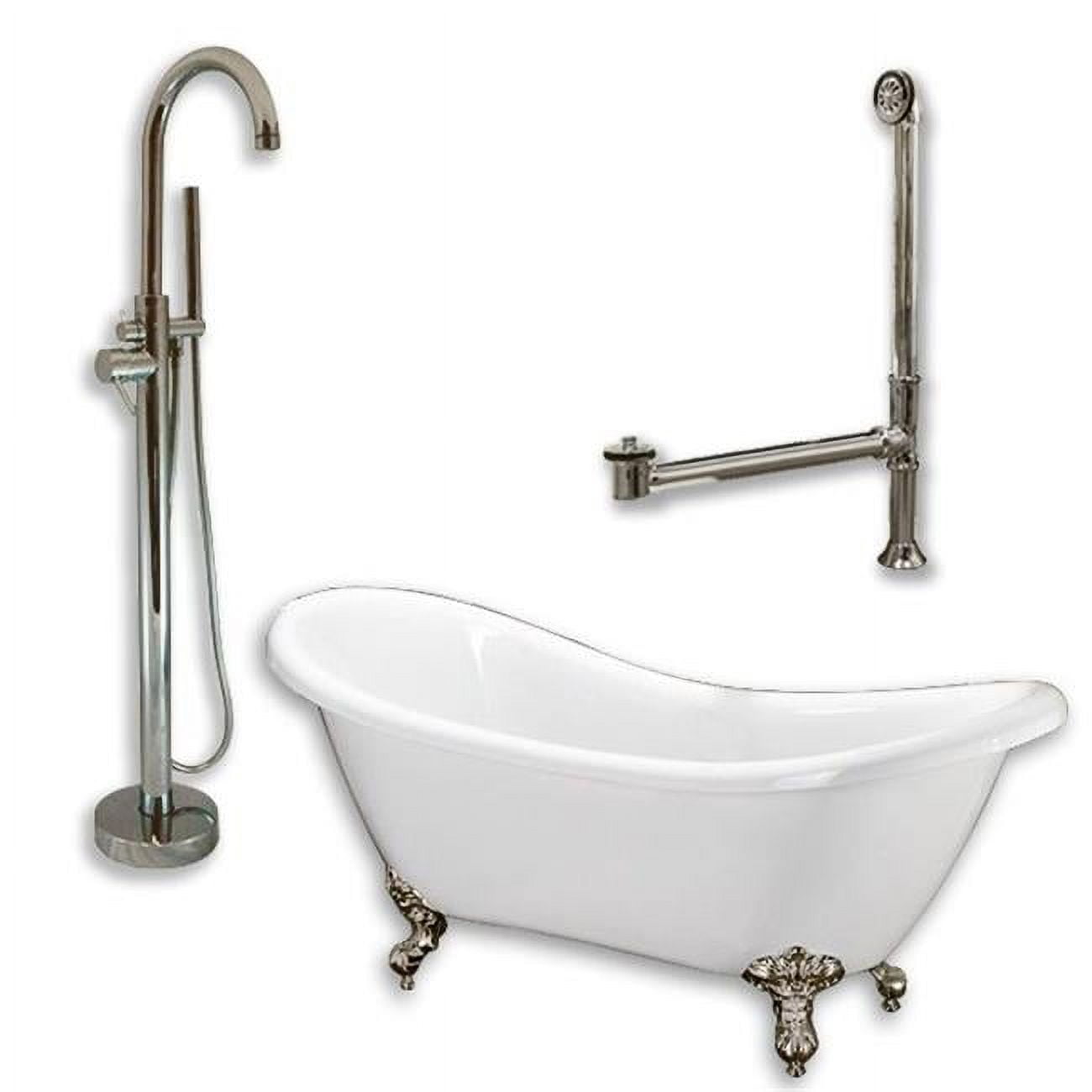 Acrylic Double Ended Slipper Tub With 2 In. Pedestal Holes Deck Risers, Classic Telephone Style Faucet & Brushed Nickel Plumbing