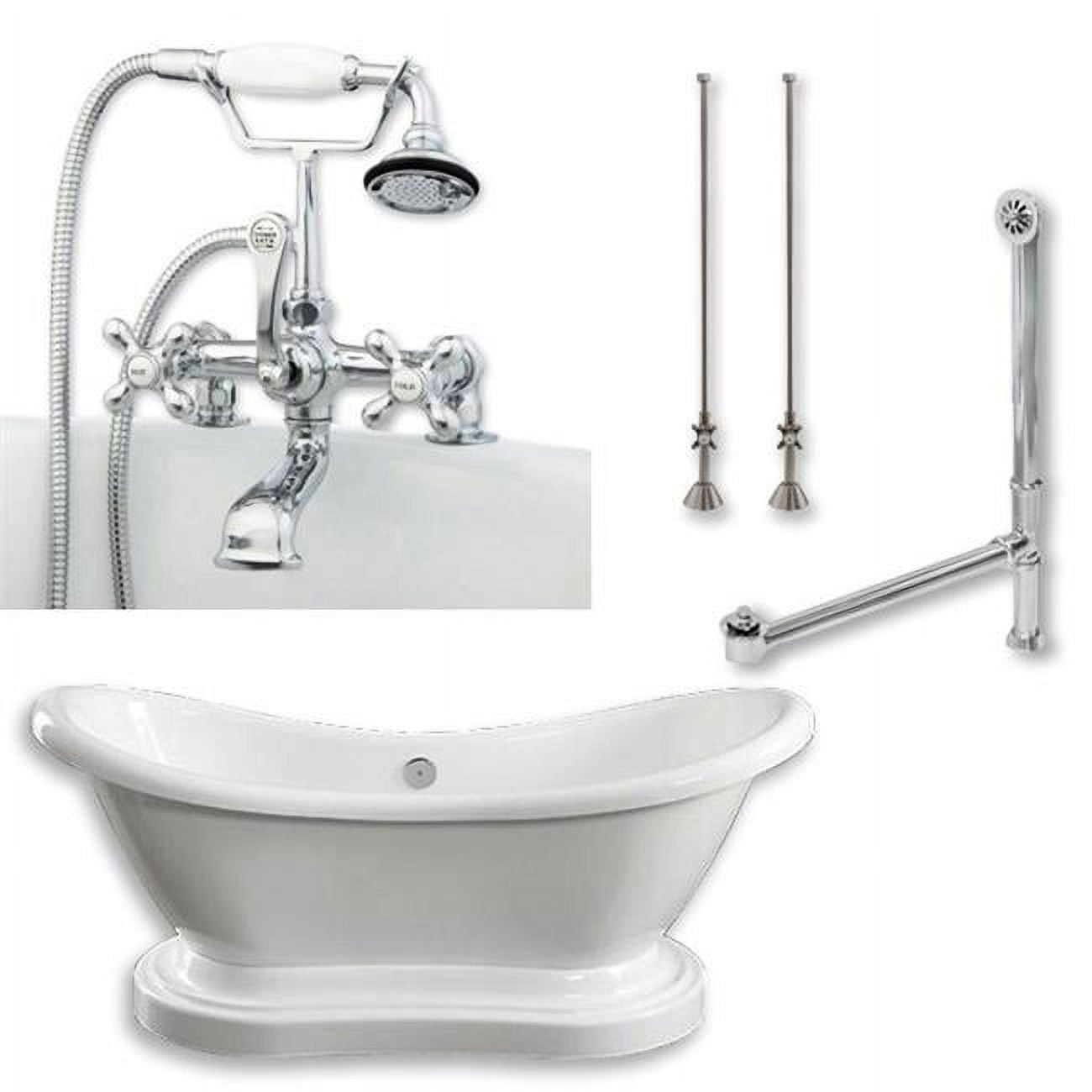 Acrylic Double Ended Slipper Tub With 6 In. Pedestal Holes Deck Risers, Classic Telephone Style Faucet & Chrome Plumbing
