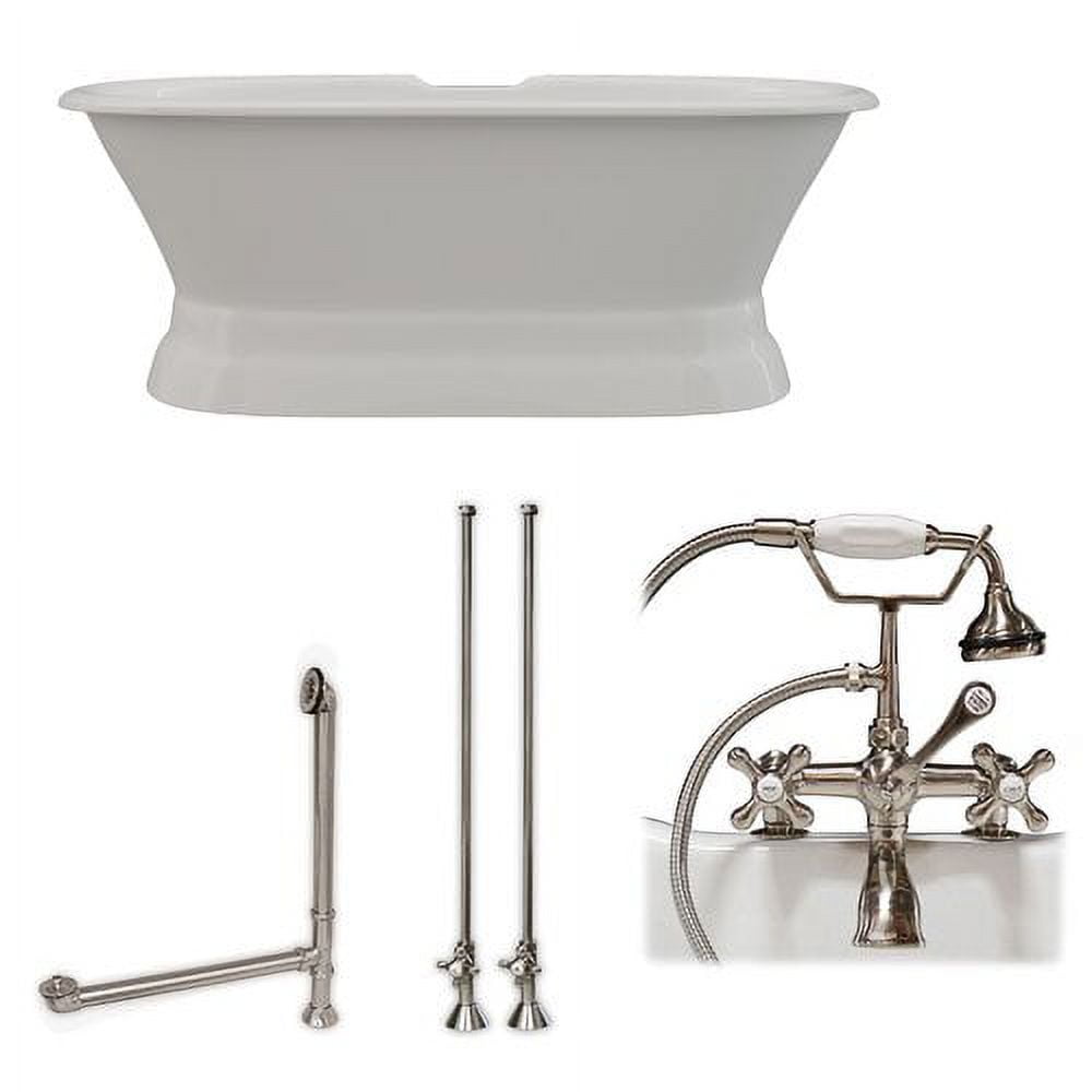 De66-ped-463d-2-pkg-bn-dh 66 In. Cast Iron Dual Ended Pedestal Bathtub With Deckmount Faucet Drillings Complete Plumbing - Brushed Nickel