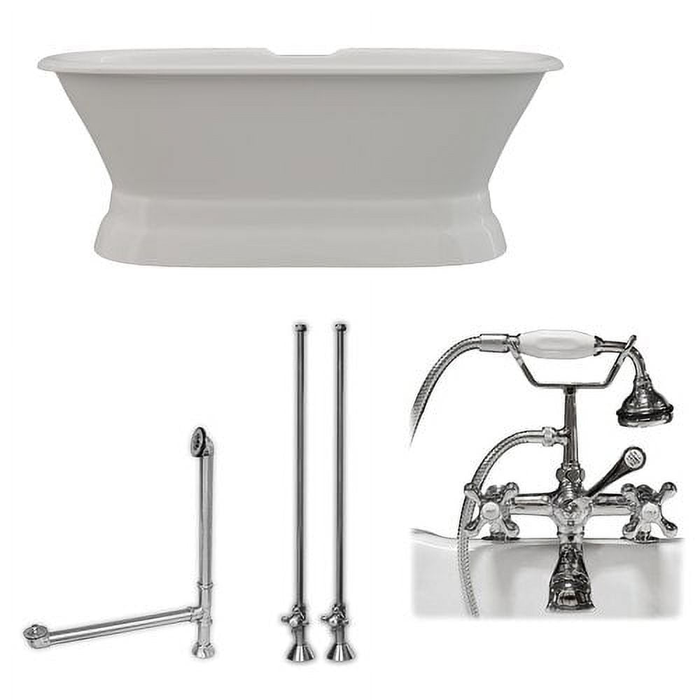 De66-ped-463d-2-pkg-cp-dh 66 In. Cast Iron Dual Ended Pedestal Bathtub With Deckmount Faucet Drillings Complete Plumbing - Polished Chrome