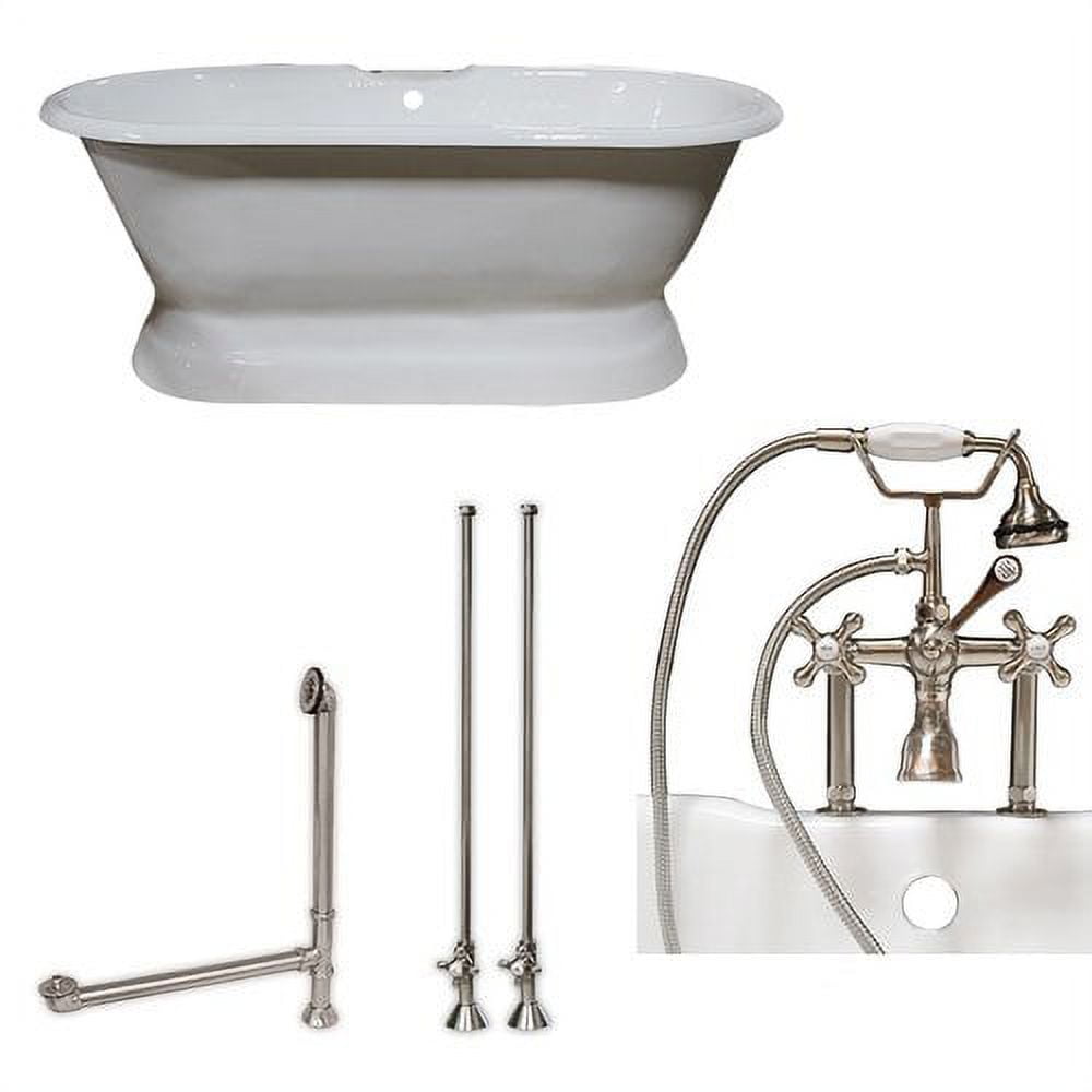 De66-ped-463d-6-pkg-bn-dh 66 In. Cast Iron Dual Ended Pedestal Bathtub With Deckmount Faucet Drillings Complete Plumbing - Brushed Nickel