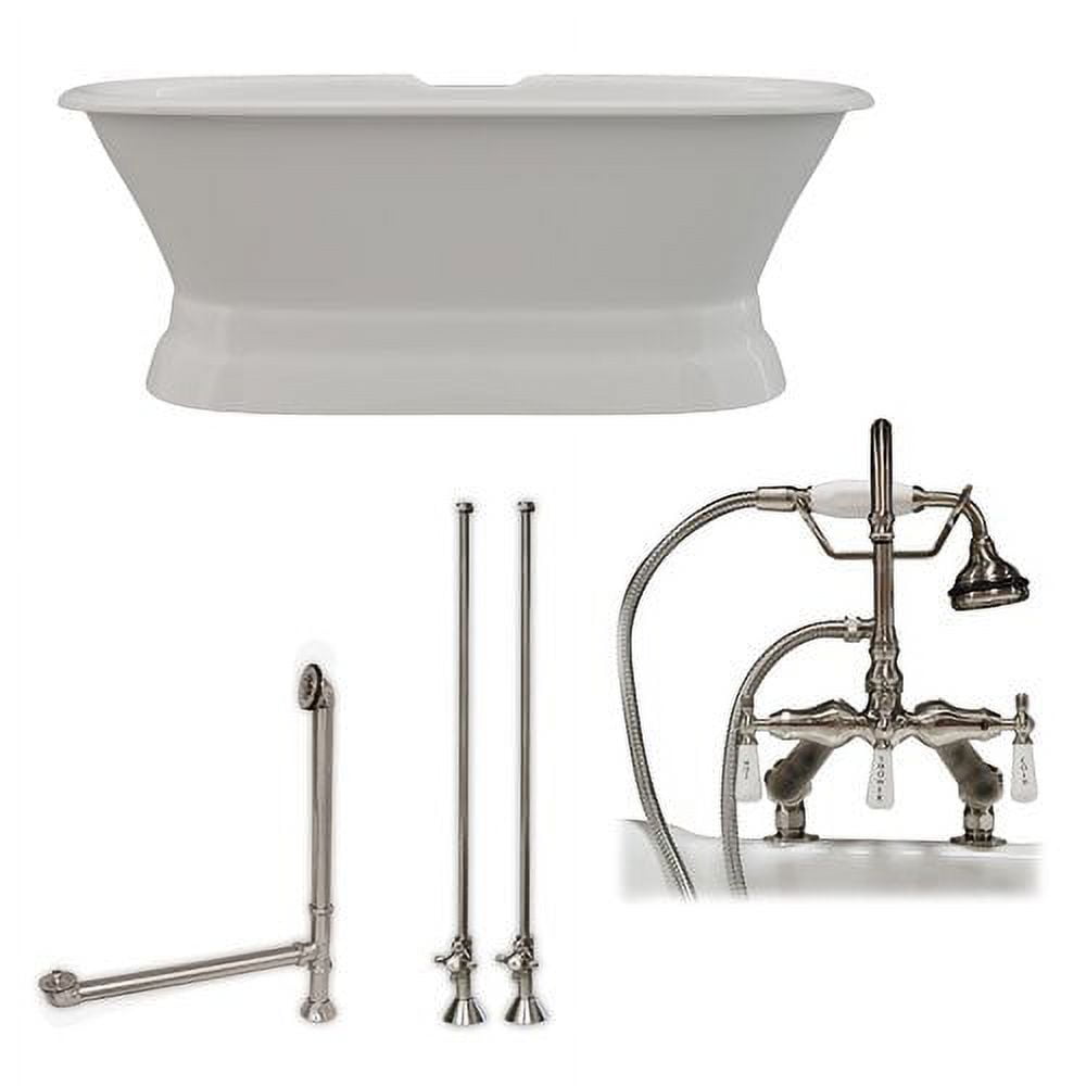 De66-ped-684d-pkg-bn-dh 66 In. Cast Iron Dual Ended Pedestal Bathtub With Deckmount Faucet Drillings Complete Plumbing - Brushed Nickel