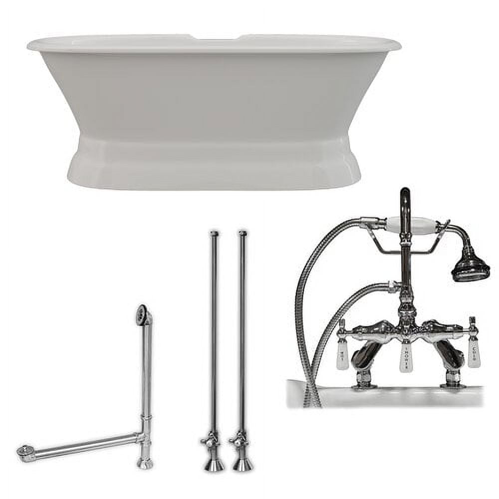 De66-ped-684d-pkg-cp-dh 66 In. Cast Iron Dual Ended Pedestal Bathtub With Deckmount Faucet Drillings Complete Plumbing - Polished Chrome