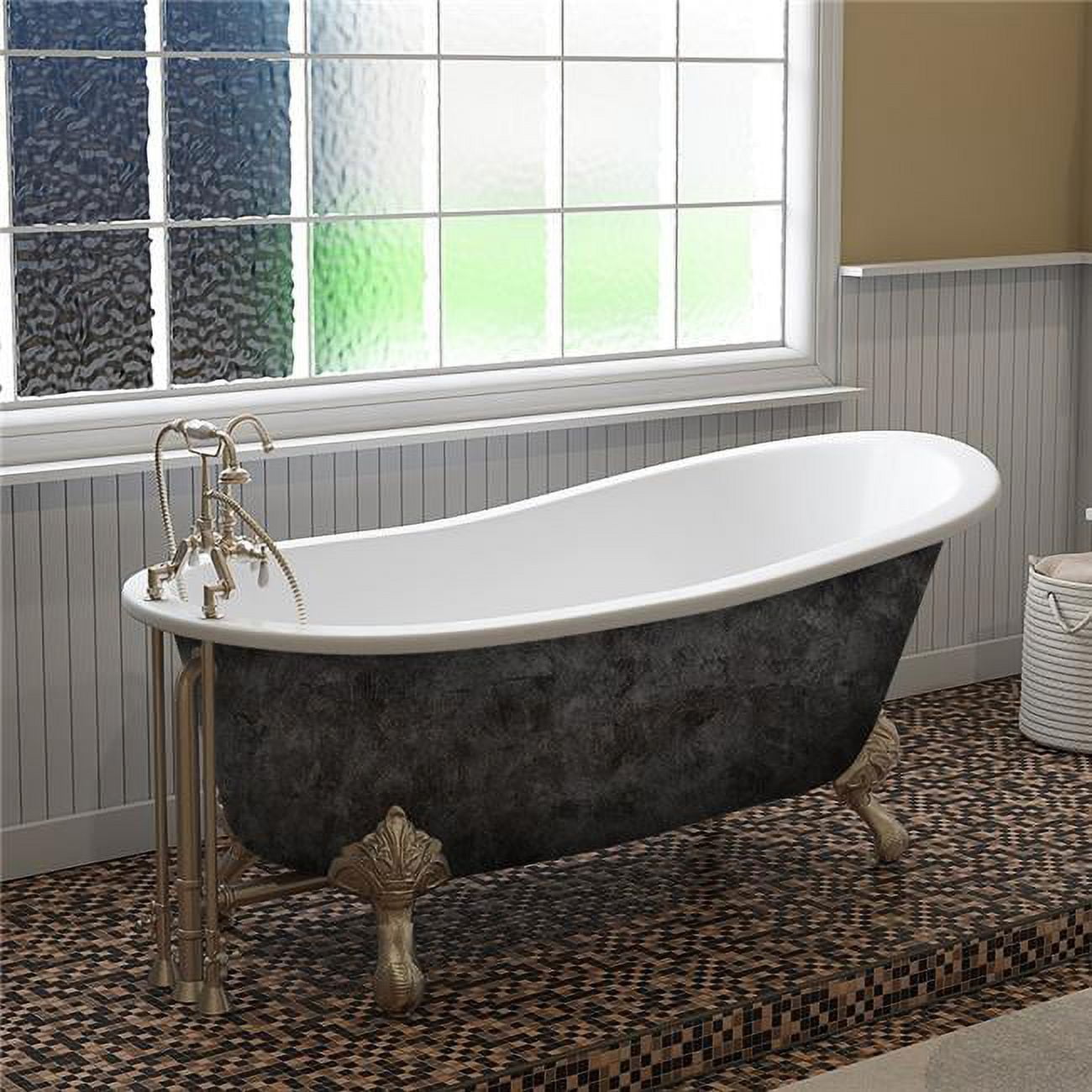 St67-dh-bn-sp 67 In. X 30 In. Scorched Platinum Cast Iron Slipper Bathtub With 7 In. Deck Mount Faucet Holes & Brushed Nickel Ball & Claw Feet