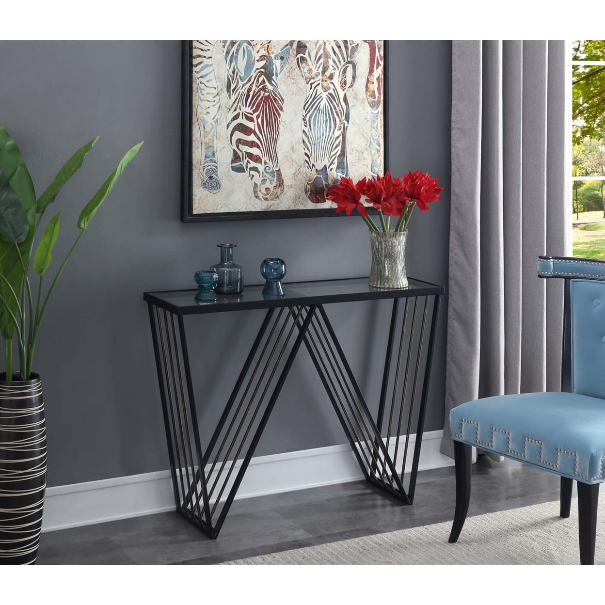 413579glbl Venus Console Table, Glass Top & Antique Black Frame - 42 X 12 X 30 In.