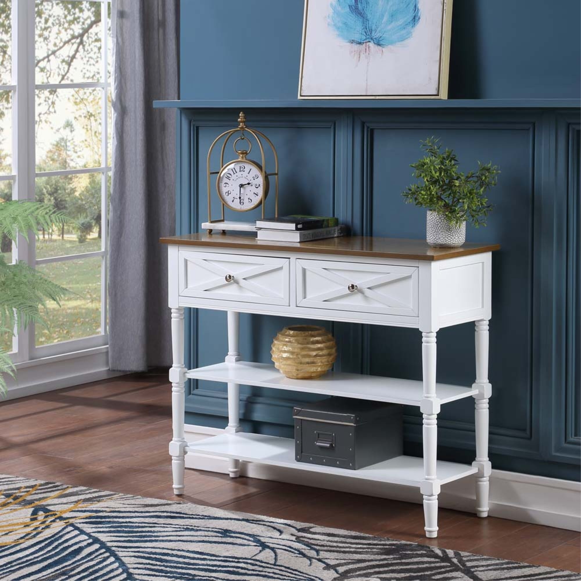 503199wdftw Country Oxford 2 Drawer Console Table, Driftwood & White