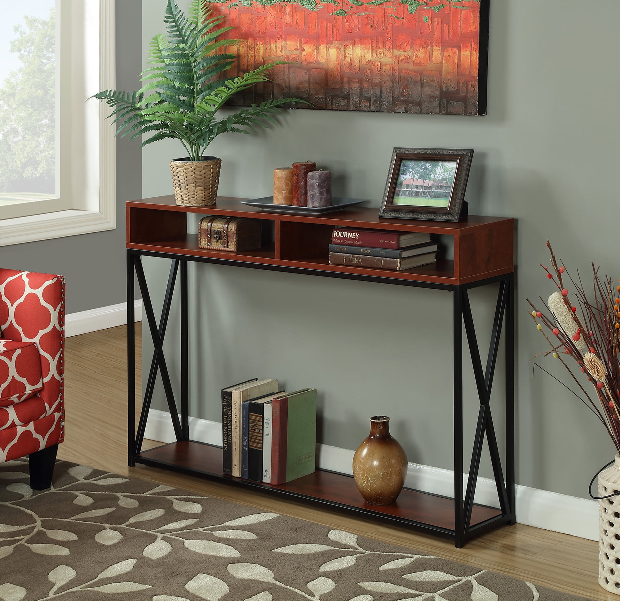 161889ch Deluxe 2 Tier Console Table, Cherry & Black - 47.25 X 9 X 30 In.