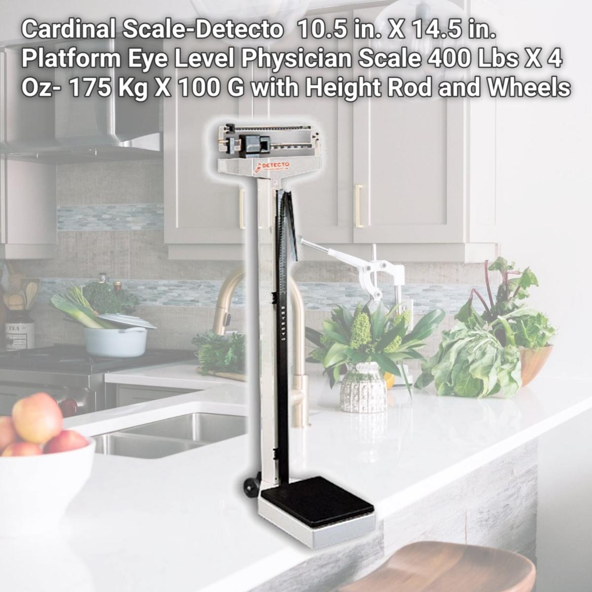 Picture of Detecto 338 10.5 in. X 14.5 in. Platform Eye Level Physician Scale 400 Lbs X 4 Oz- 175 Kg X 100 G with Height Rod and Wheels