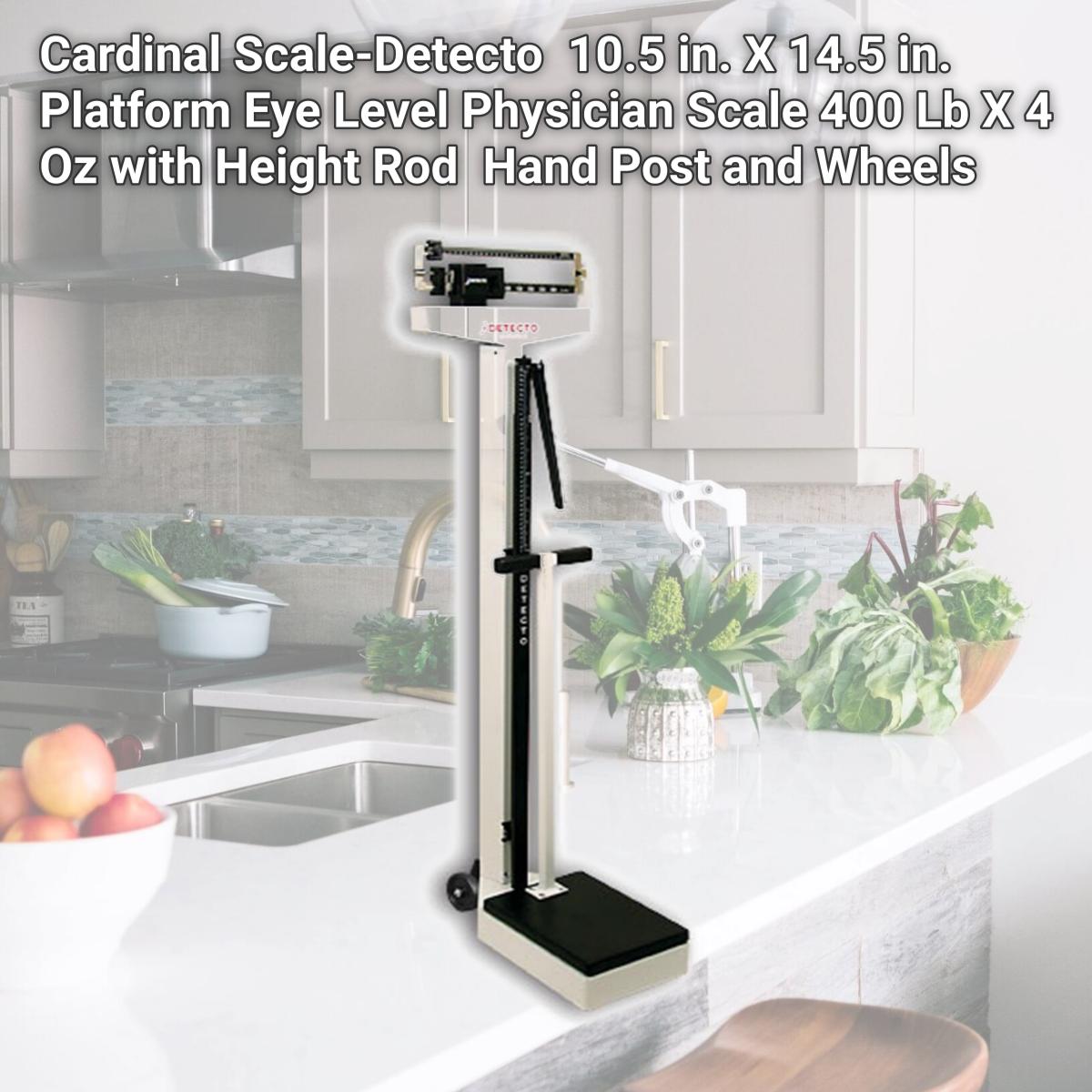 Picture of Detecto 448 10.5 in. X 14.5 in. Platform Eye Level Physician Scale 400 Lb X 4 Oz with Height Rod  Hand Post and Wheels